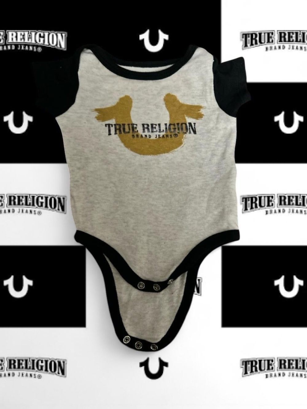True Religion Gray and Black Baby Bodysuit with Gold Logo